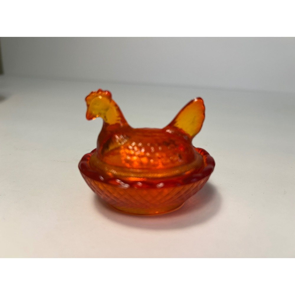 Rare Vintage 1960s Solid Orange "End of Batch" Cadmium Glass Mini Hen on Nest